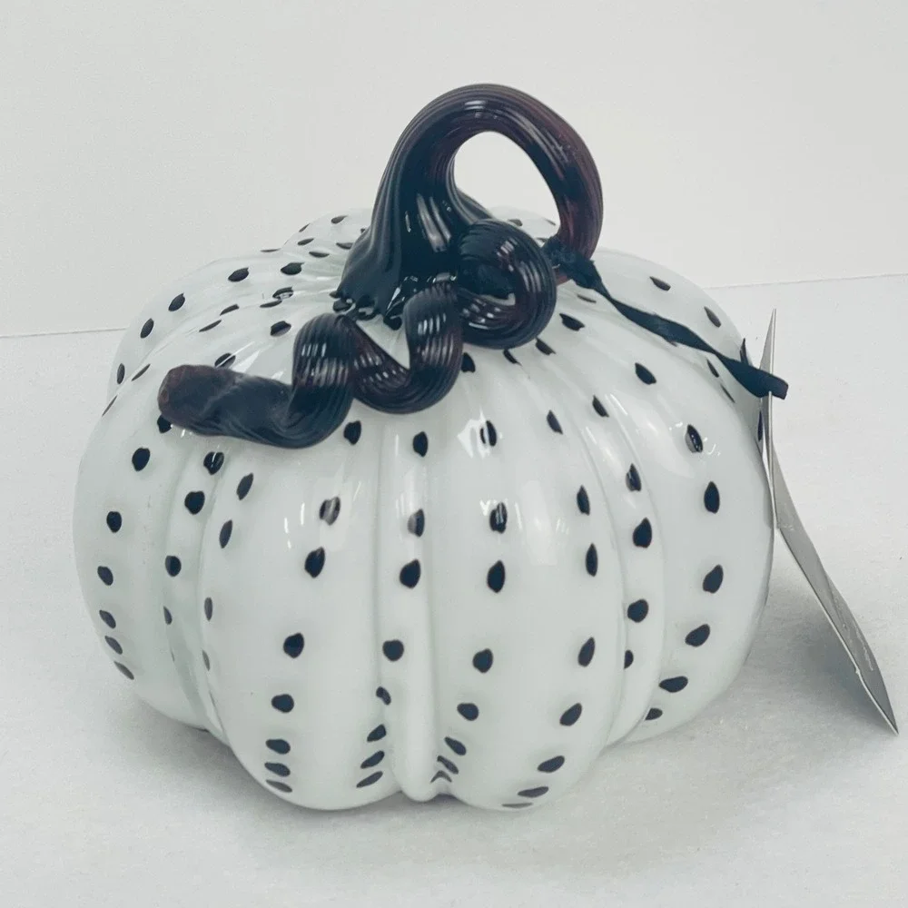 Christian Siriano New York Glass Pumpkin Decor White Black Polka Dot Purple Stem